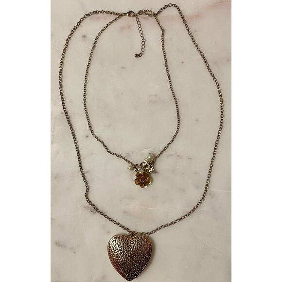 Y2K Brass Tone Double Strand Filigree Heart Charm Necklace - Picture 1 of 5